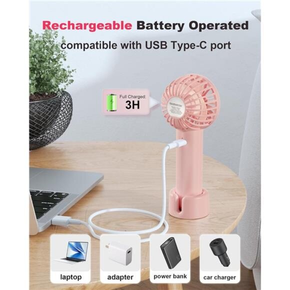 Handheld Fan Mini Portable Fan USB Rechargeable Battery Fan Pink - Picture 4 of 7